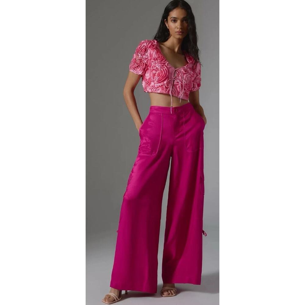 Anthropologie Palazzo Utility Pants Size 4 Satin Magenta Cargo Wide leg EUC